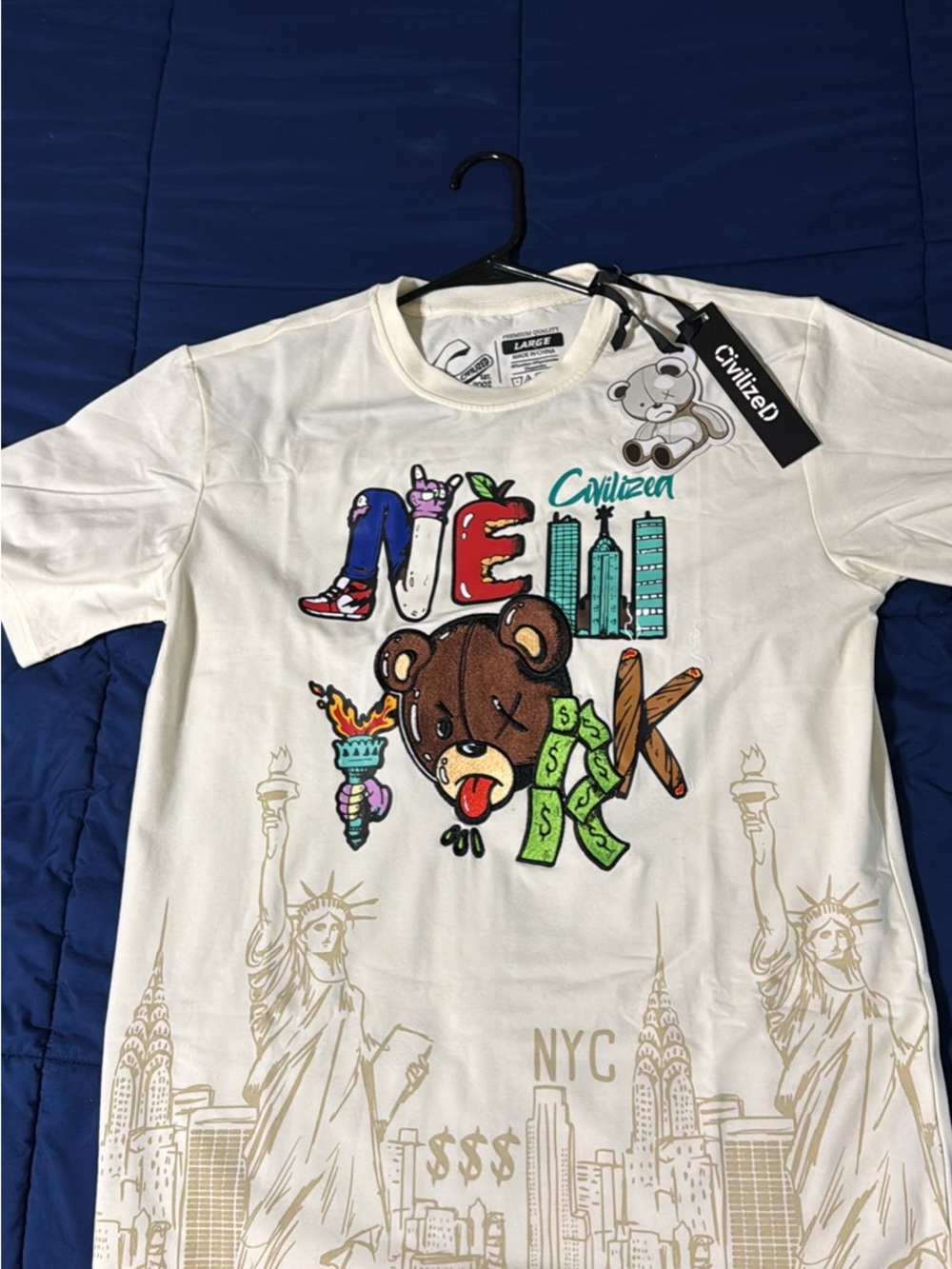 Embroidered Civilized Men's L NYC Bear Graphic Short Sleeve Tee, New with Tags
